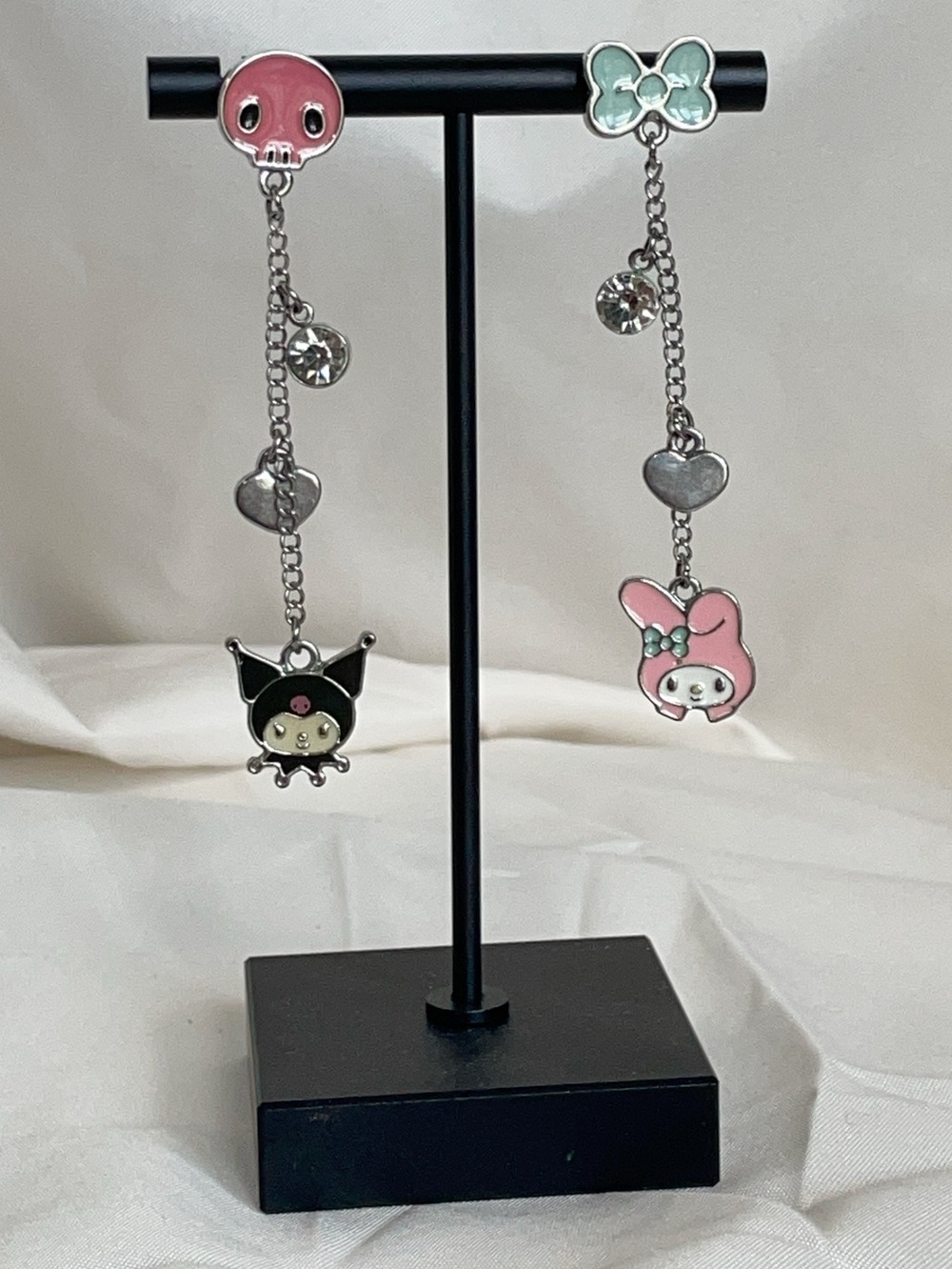 Cute Sanrio My Melody & Kuromi Dangle Mismatch Earrings - Pink, Black, Silver
